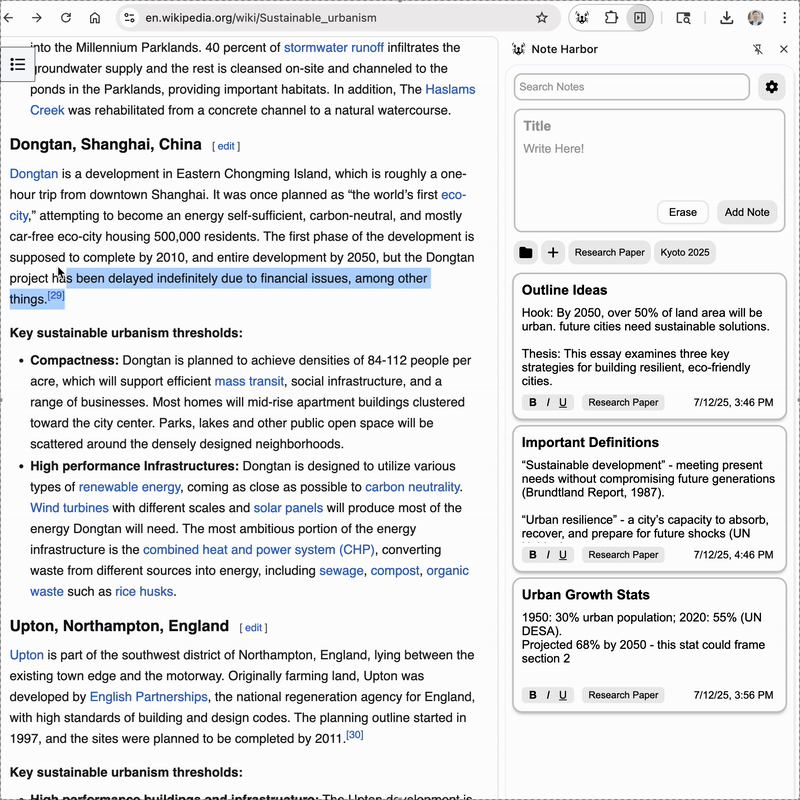 Note Harbor saving research notes while browsing Wikipedia articles about sustainable urbanism