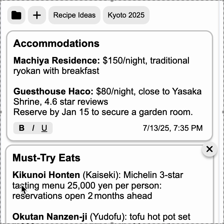 Note Harbor organized folders showing Kyoto travel planning with accommodations and restaurant notes